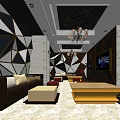 KTV Interior Design With Geometric Patterned Walls Chandelier Sofa And TV Screen