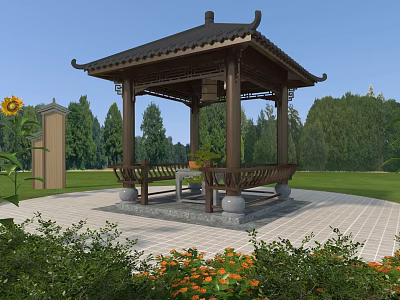 Chinese Style Pavilion In Garden With Green Grass Sunflowers And Benches 3d model