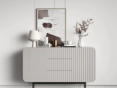 Modern Minimalist Entryway Console Table With Linear Design Table Lamp Flower Vase And Artwork 3d model