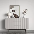 Modern Minimalist Entryway Console Table With Linear Design Table Lamp Flower Vase And Artwork