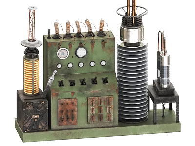 Vintage Industrial Equipment With Green Base Control Panel Gauges Coils And Pipes 3d model