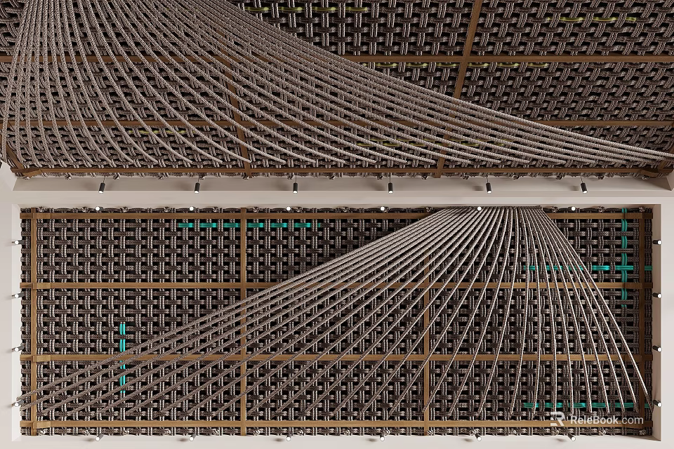 Unique Structural Ceiling Design With Interlaced Lines Wooden Framework Grid Pattern And Integrated Lighting 3d model 