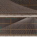 Unique Structural Ceiling Design With Interlaced Lines Wooden Framework Grid Pattern And Integrated Lighting