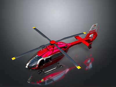 Modern Red Helicopter With Yellow Tipped Rotors And Reflective Body Design 3d model