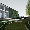 Modern Sales Office Building Featuring Water Pool Fountain Green Plants and Beautiful Surrounding Landscape 3d model