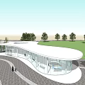 Modern Architectural Design With Curved Roof And Glass Facade In Open Plaza Space