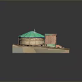 Traditional Nomadic Shelter Model With Green Roof Yurt And Red Wooden Cabin