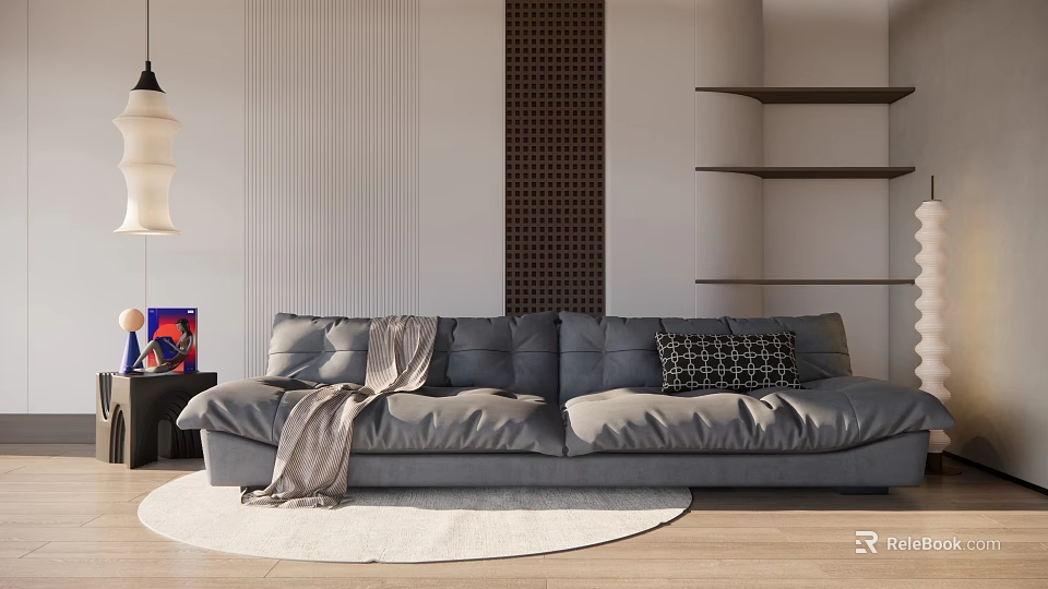 Cozy Gray Double Sofa With Throw Blanket Pillow Round Rug in Modern Living Room 3d model 