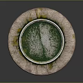 Circular Water Fountain with Green Water Surface Mossy Stone Edge and Stone Slab Base