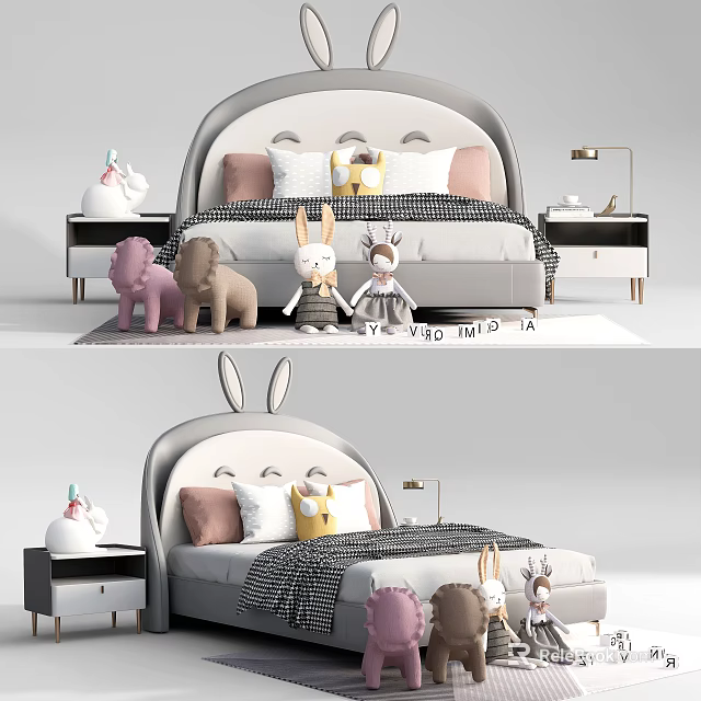 Cozy Double Bed With Rabbit Ear Headboard Soft Pillows And Stuffed Toys 3d model 