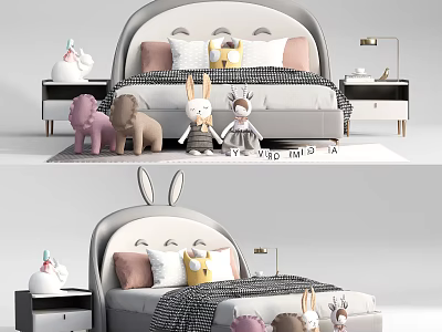 Cozy Double Bed With Rabbit Ear Headboard Soft Pillows And Stuffed Toys 3d model