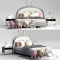 Cozy Double Bed With Rabbit Ear Headboard Soft Pillows And Stuffed Toys