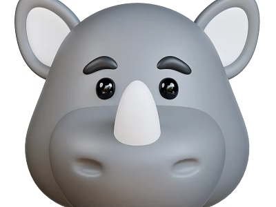 Cute Gray Cartoon Rhino Head Character Design With Big Ears And White Horn 3d model