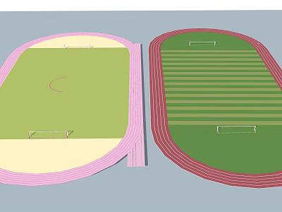 Oval And Rectangular Football Fields With Pink And Red Running Tracks And Goalposts 3d model