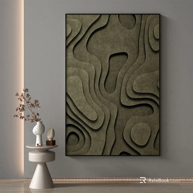 Abstract Textured Wall Art With Curved Patterns And Decorative Side Table With Vase 3d model
