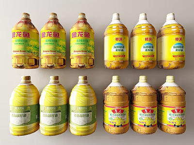 Various Brands Large Cooking Oil Bottles With Yellow Green Packaging Displayed In Multiple Containers 3d model