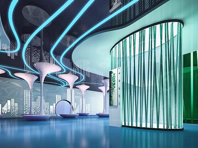 Modern Exhibition Hall Interior With Curved Ceiling Blue Lighting Vertical Line Curtains And Circular Seats 3d model