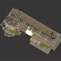Modern Archaeological Exhibition Display With Dinosaur Skeleton Stone Wall And Green Plants