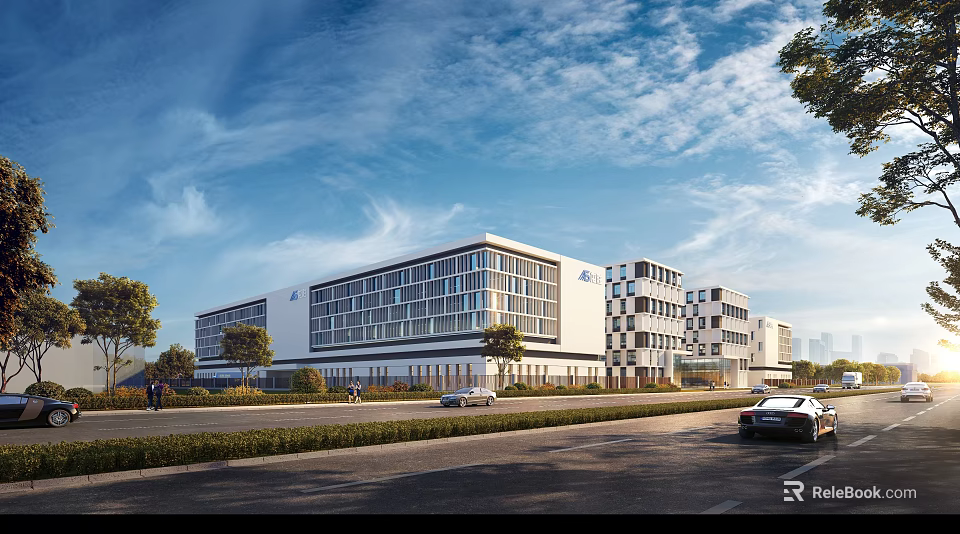 Modern Industrial Factory Building With Glass Facade Trees Roads and Clear Blue Sky 3d model 
