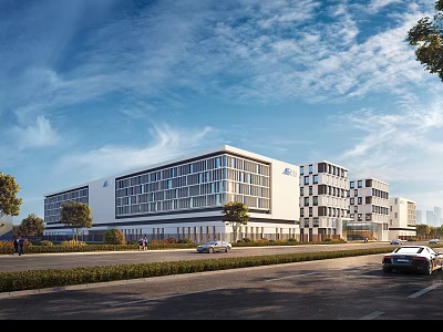 Modern Industrial Factory Building With Glass Facade Trees Roads and Clear Blue Sky 3d model