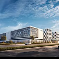 Modern Industrial Factory Building With Glass Facade Trees Roads and Clear Blue Sky