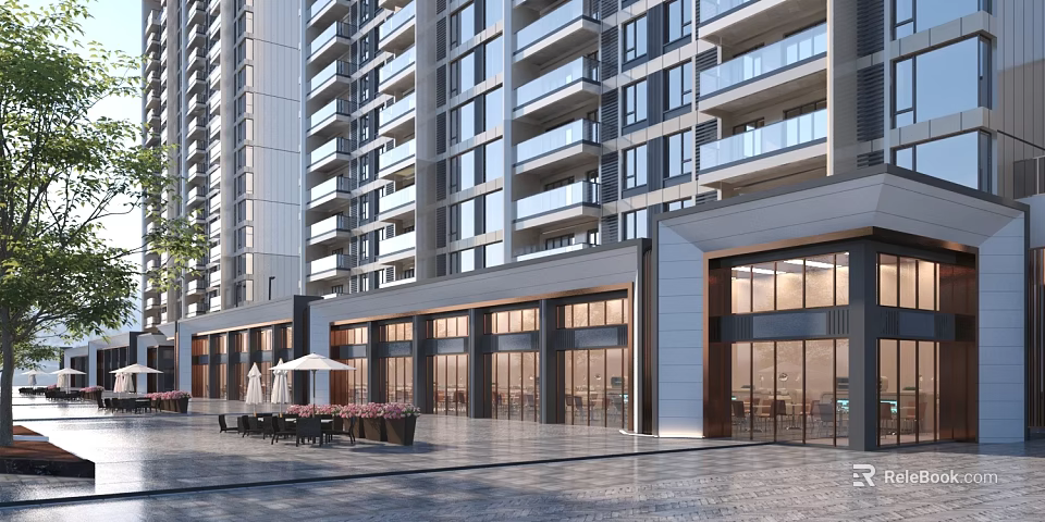 Modern Commercial Street Featuring High Rise Residential Buildings Storefronts Outdoor Seating Umbrellas And Greenery 3d model 
