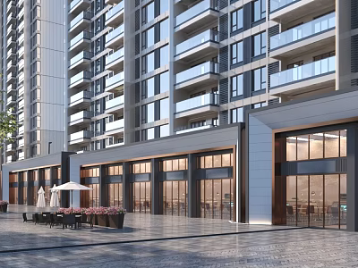 Modern Commercial Street Featuring High Rise Residential Buildings Storefronts Outdoor Seating Umbrellas And Greenery 3d model