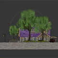 Cartoon Style Traditional Building Scene With Purple Roof Green Trees And Flower Beds