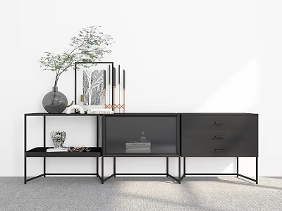 Modern Black Entryway Cabinet And Side Cabinet With Vase Plant Decorations Drawers Open Shelves 3d model