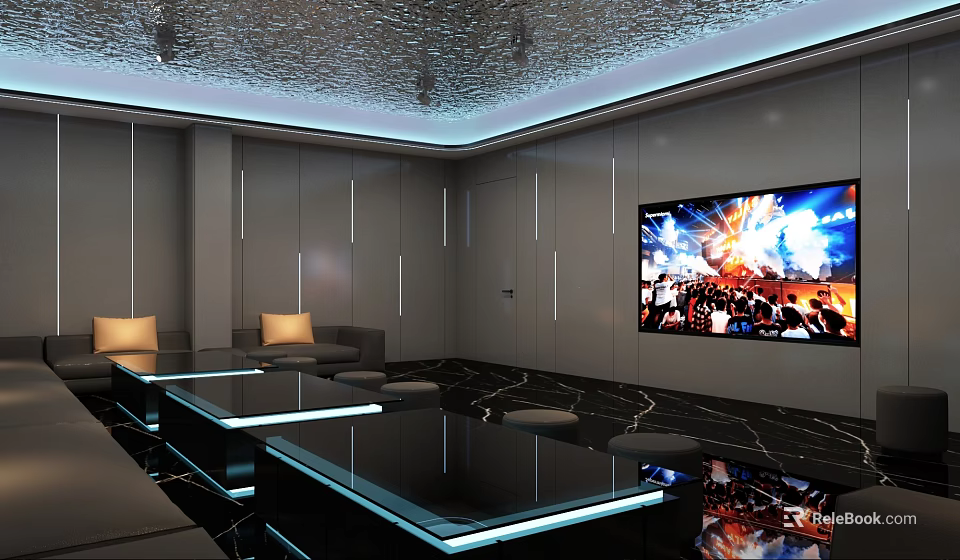 Modern Luxurious KTV Interior Design With Black Tables Sofas Large Screen TV And Lighting 3d model