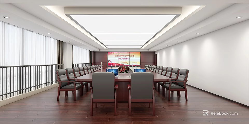 Spacious Modern Conference Room Interior With Long Table Chairs And Projection Screen 3d model