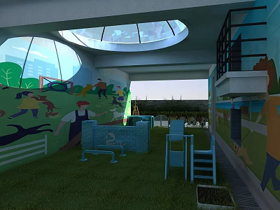 Shopping Mall Kids Play Space With Colorful Murals Green Lawn And Glass Dome Ceiling 3d model