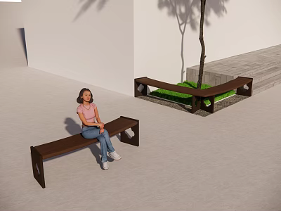 Wooden Landscape Seats With Metal Frames Under Tree And Grass Area With Girl Sitting 3d model