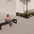 Wooden Landscape Seats With Metal Frames Under Tree And Grass Area With Girl Sitting
