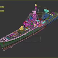Detailed Warship 3D Model With Gray Hull Orange Bottom Turret And Antenna Structures