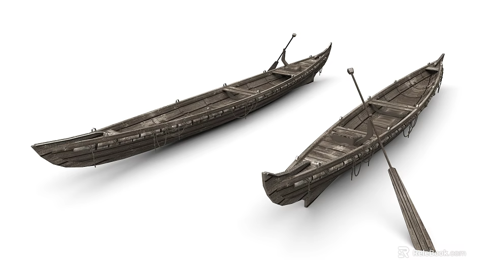 Traditional Wooden Boats With Oars And Natural Wood Grain Details 3d model 