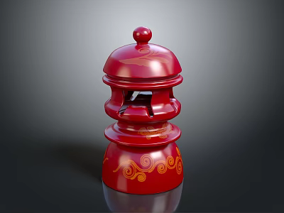 Traditional Chinese Red Multi Layered Decorative Furniture Piece With Dome Top And Yellow Patterns 3d model