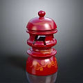 Traditional Chinese Red Multi Layered Decorative Furniture Piece With Dome Top And Yellow Patterns
