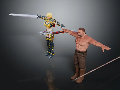 Female Warrior With Long Sword And Male Fighter Holding Weapon In Action Pose 3d model
