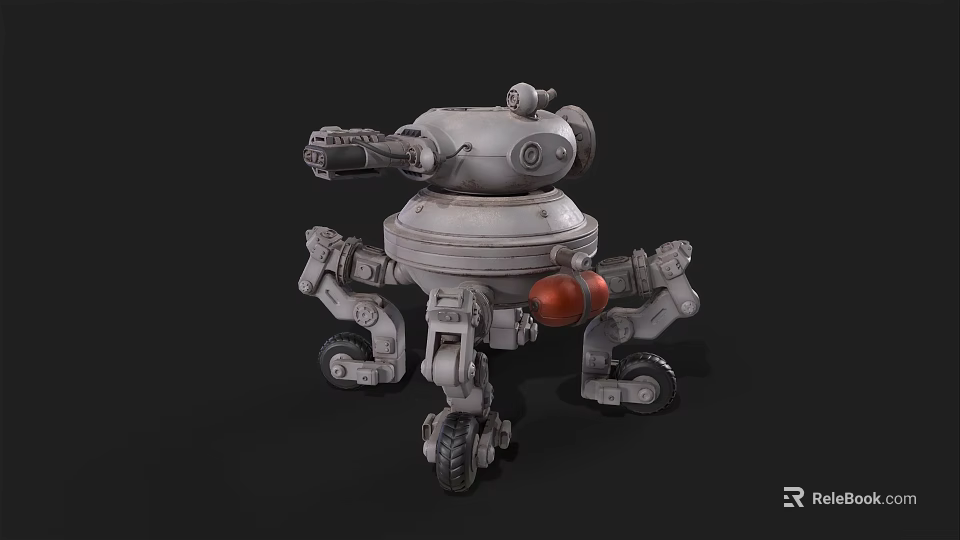 Futuristic Mechanical Weapon Platform With Turret Multiple Legs And Red Spherical Tank 3d model 