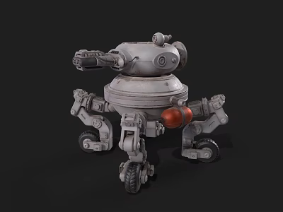 Futuristic Mechanical Weapon Platform With Turret Multiple Legs And Red Spherical Tank 3d model