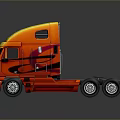 Orange Red Semi Truck Cab with Decorative Design Shiny Surface and Large Wheels