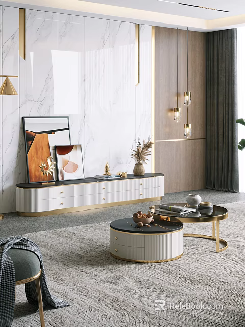 Modern TV Stand With Gold Accent Drawers Framed Art And Decorative Vase 3d model 
