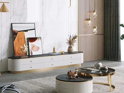 Modern TV Stand With Gold Accent Drawers Framed Art And Decorative Vase 3d model