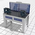 Industrial Workbench With Protective Mesh Screen Double Vices And Blue Drawers