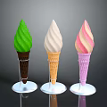 Three Colored Ice Cream Cones Green Beige Pink White Swirl On White Bases Dark Background
