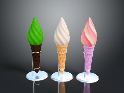 Three Colored Ice Cream Cones Green Beige Pink White Swirl On White Bases Dark Background 3d model