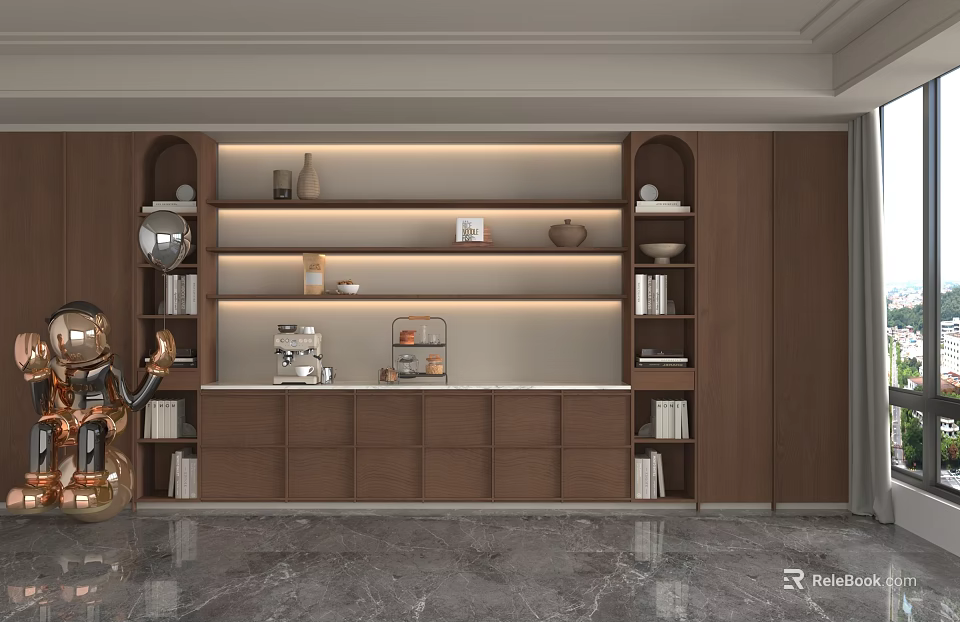 Modern Wooden Storage Cabinet Shelf With Multiple Shelves Decorative Items And Appliances 3d model 