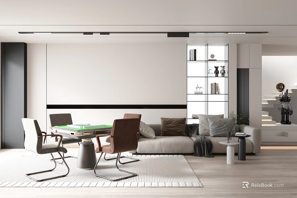 Modern Minimalist Entertainment Room With Sofa Chairs Table Bookshelf And Rug 3d model 