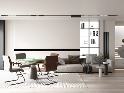 Modern Minimalist Entertainment Room With Sofa Chairs Table Bookshelf And Rug 3d model
